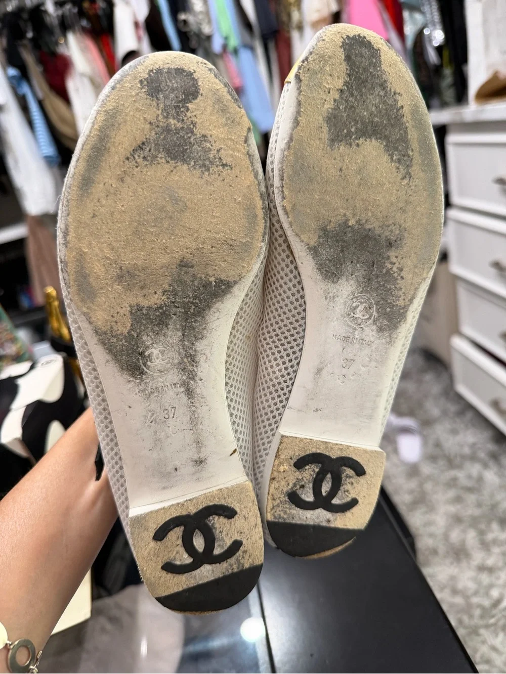 CHANEL Beige Mesh and Black Trim Mary Jane Flats with Cream Cap